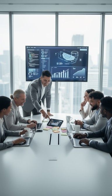 A leadership team working through live data around a meeting table